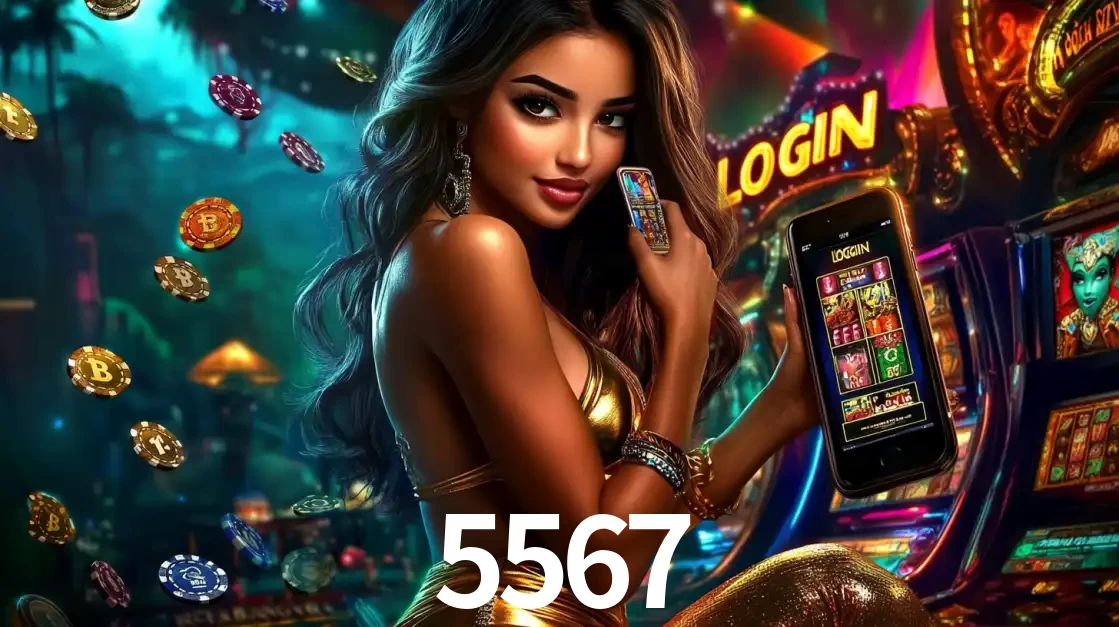 Mulher em um cenário de cassino temático de aventura, mostrando o app de caça-níqueis da 5567 no celular. Fichas de apostas flutuam ao redor.