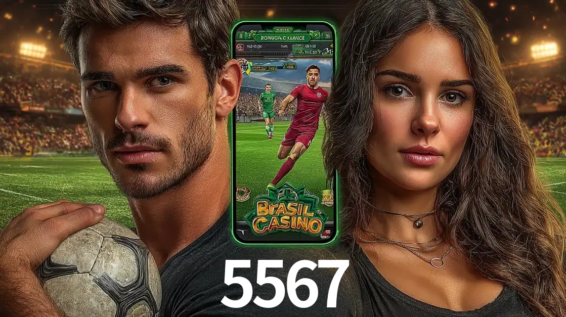 Homem segurando uma bola de futebol e uma mulher ao lado de um smartphone exibindo o jogo de apostas esportivas da 5567. Faça seu palpite no cassino online.
